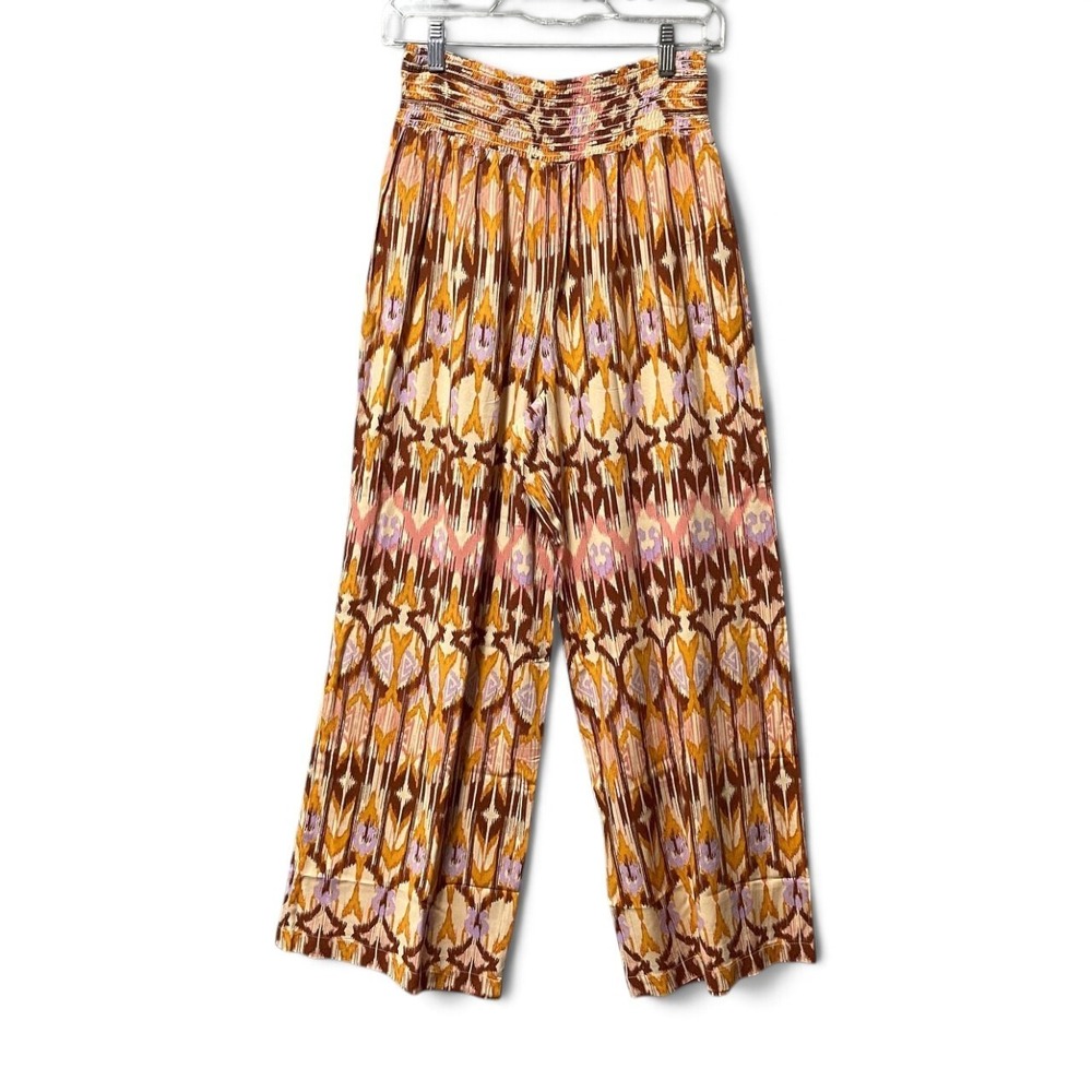 Wide Leg Palazzo Pants M Geometric Print Smocked Waist Boho Retro Pull On